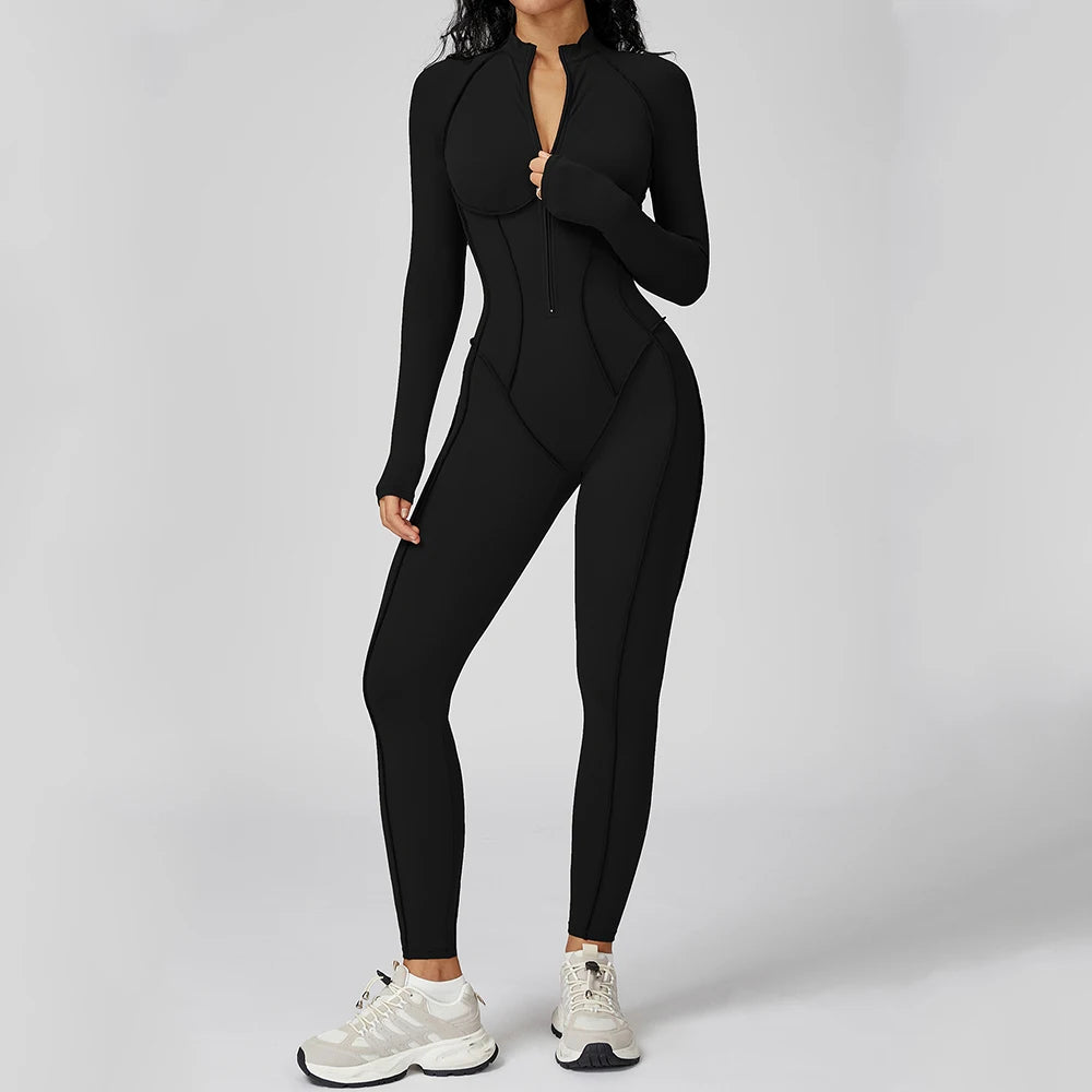 Yoga Bodysuit Long Sleeved Women's Tracksuits Gym Zipper Jumpsuits Sports Workout High-intensity Fitness One-piece Tights Suit - badassmood