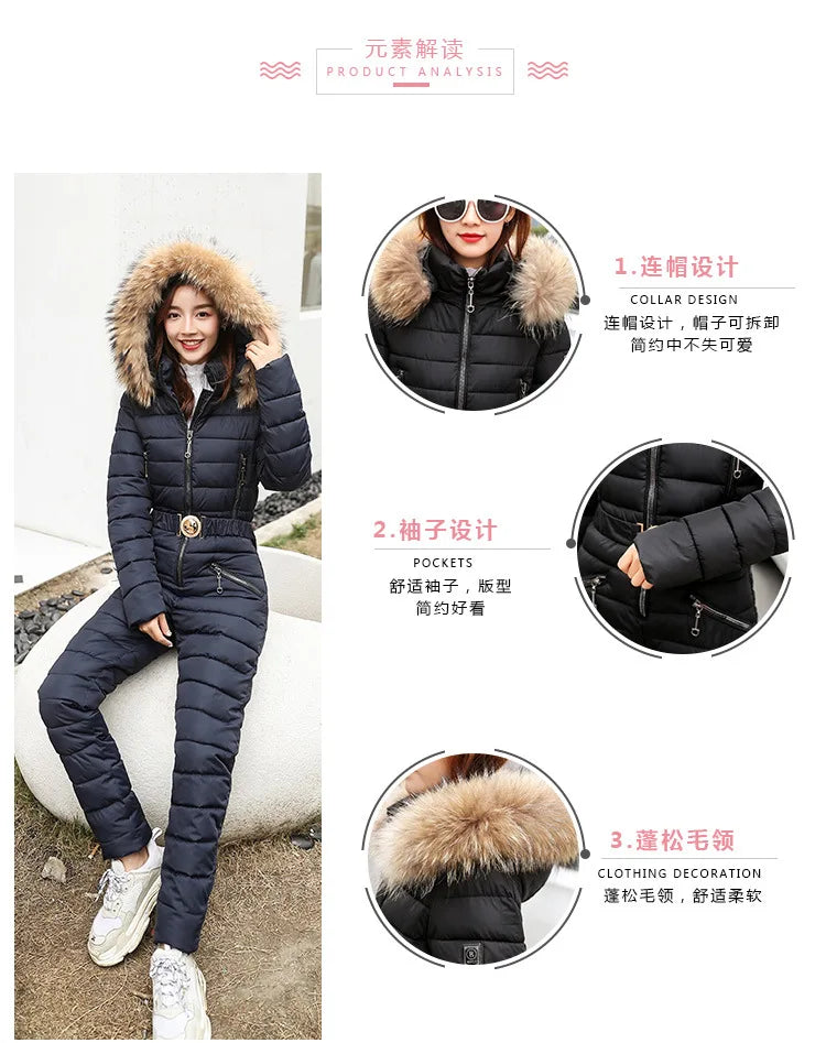 Combinaison Ski Femme Une Pièce 2025 - Parka Capuche Matelassée Coton Jumpsuit Hiver - badassmood