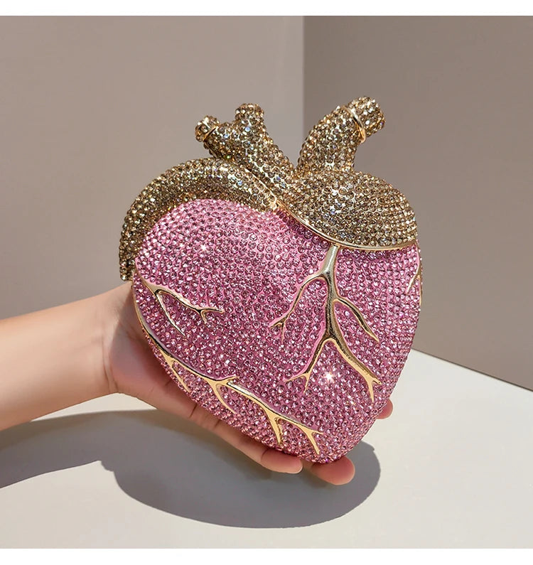 Pochette de soirée en forme de cœur avec strass et diamants, sac de mariage et fête pour femme, style luxe.