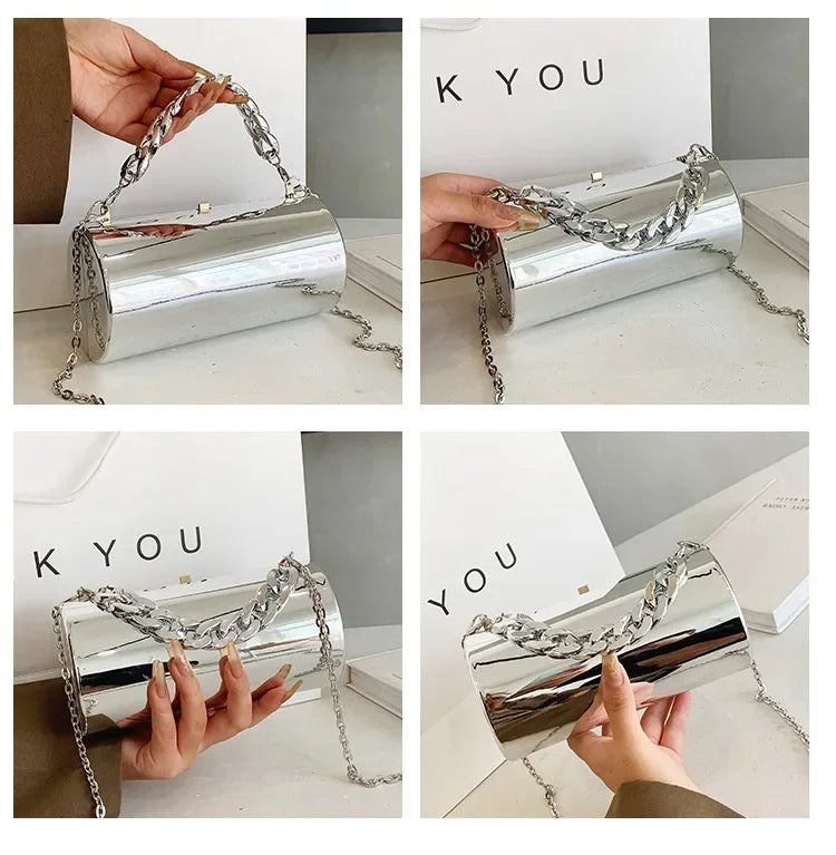 Pochette Cylindre Mini Soirée 2026 - Sac Femme Doré Bandoulière Box Clutch Party - badassmood