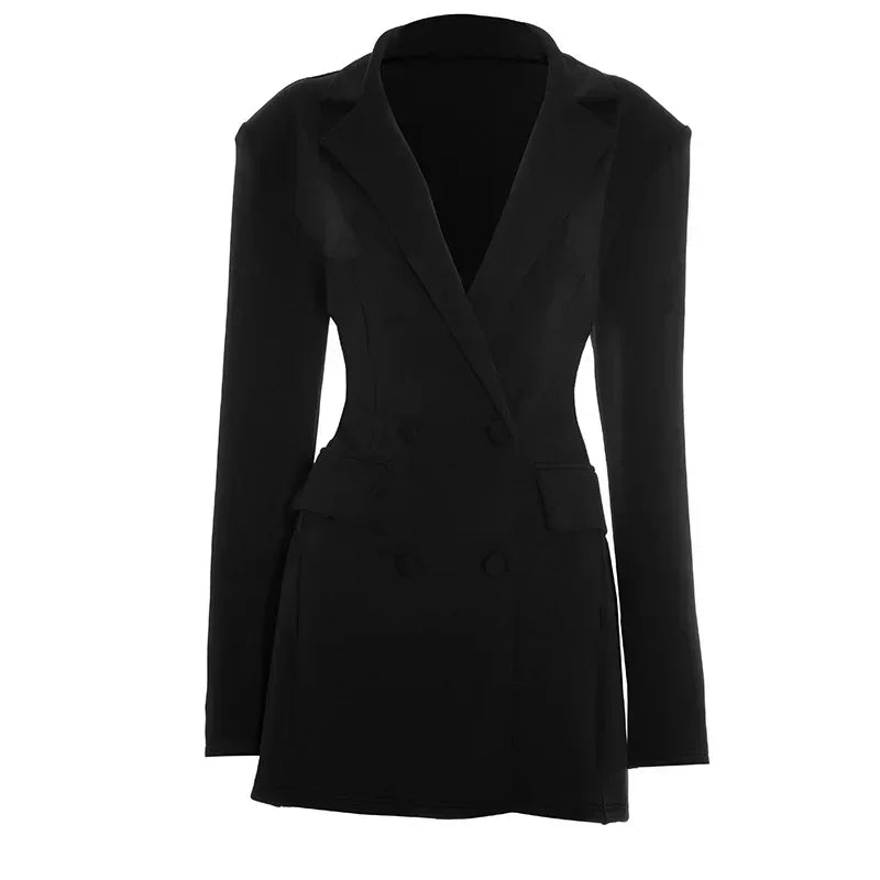 Robe mini chic cintrée avec col V profond, manches longues et double boutonnage, élégante robe de la marque badassmood.com