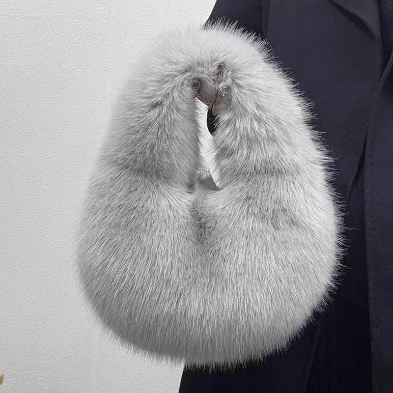 Fashion Soft Plush Half Moon Bags for Women Designer Fluffy Faux Fur Lady Handbags Luxury Small Tote Female Winter Purses - badassmood